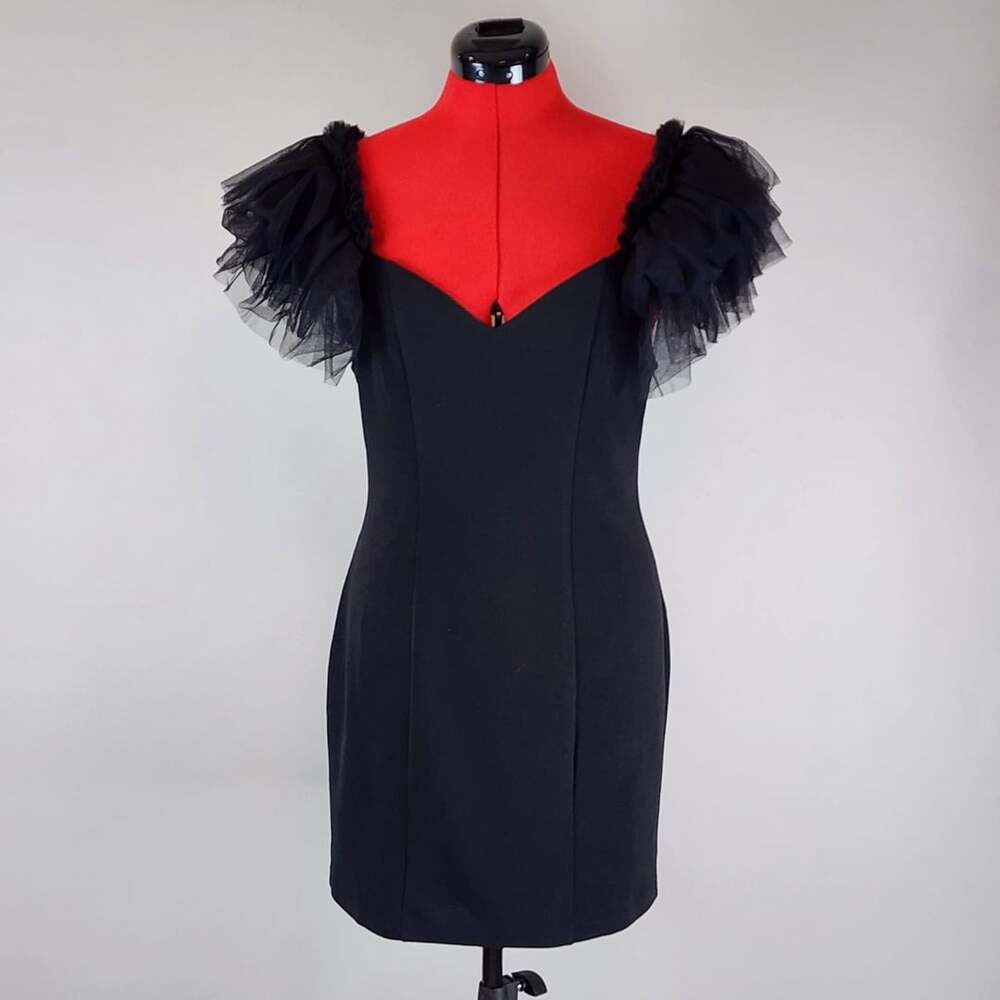 Lulus Tulle Flutter Sleeve Bodycon Mini Dress Size L Black Goth Glam